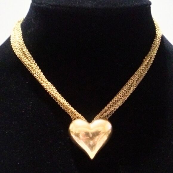 Vintage Gold Tone Multi Chain Puffy Heart Sliding Pendant Necklace - Picture 4 of 6